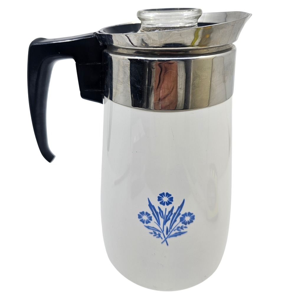 Vintage Corning Ware Blue Cornflower 9 Cup Coffee Percolator White & Blue USA